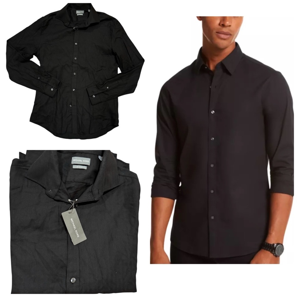 Michael Kors Black Slim Fit Shirt with Herringbone Texture 15 1/2